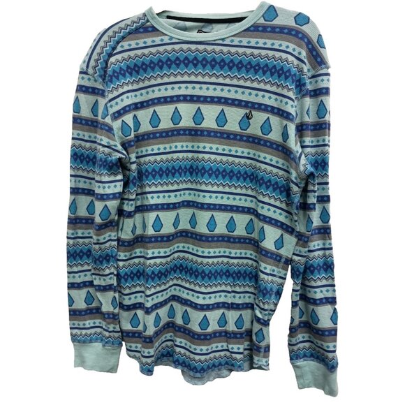 Vintage Volcom Womens Top Large Blue Thermal Long Sleeve Southwest BOHO - Picture 1 of 8